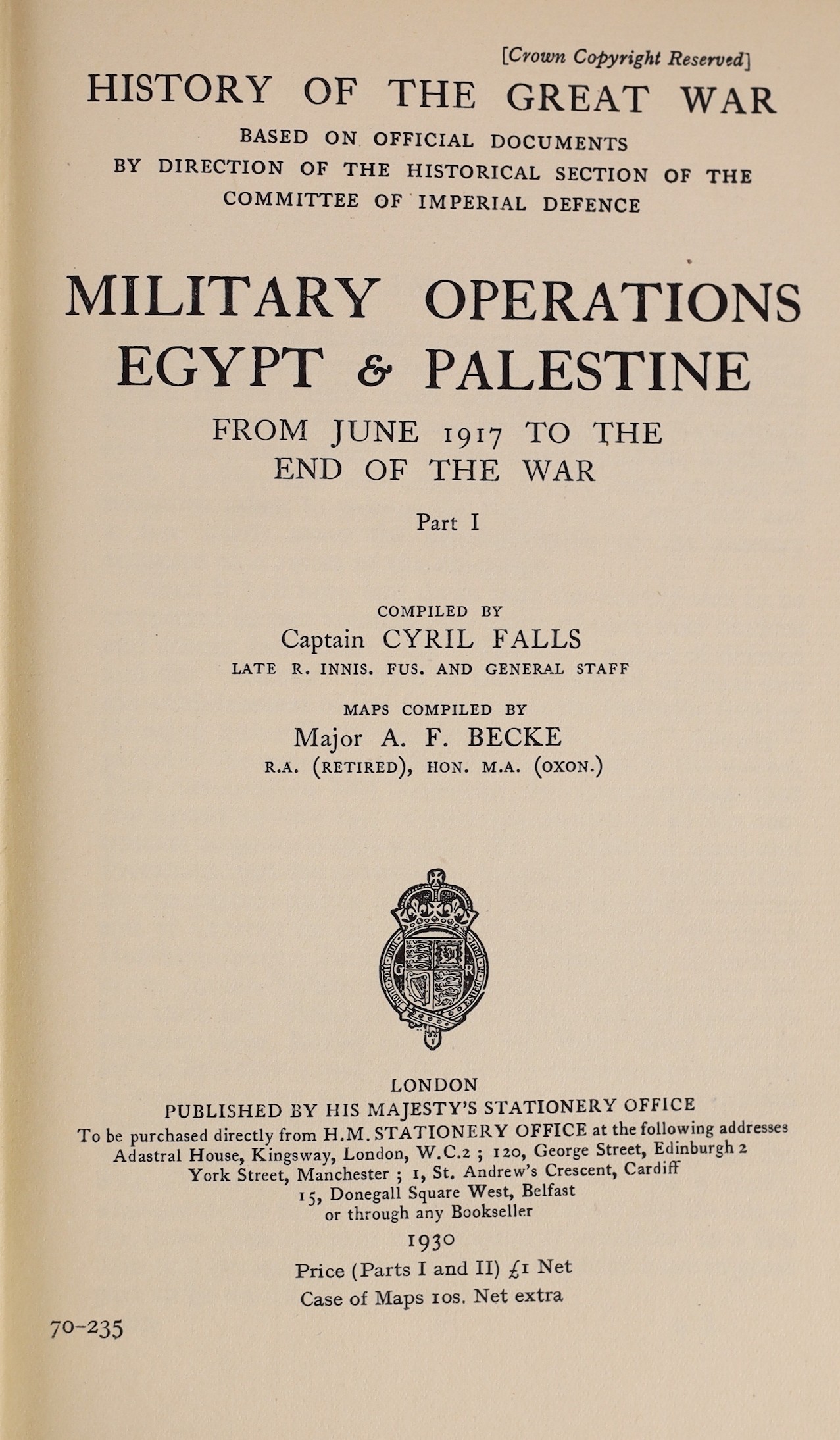 MacMunn, George Fletcher, Sir and Falls, Cyril, Military Operations Egypt & Palestine, 3 vols and 2 cloth drop-front boxes, 8vo, original red cloth, with 38 folded maps, sketches and photographs, HMSO, London, 1928-30